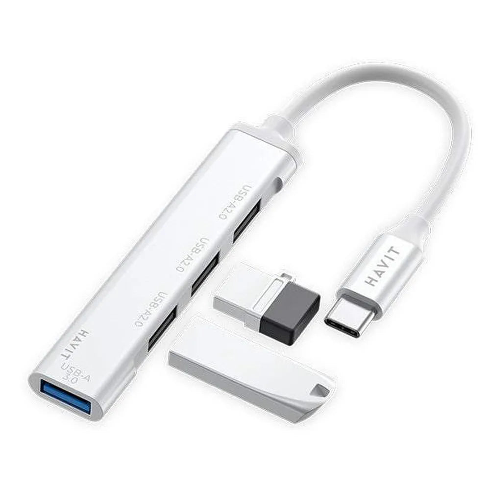 موصل USB-C رباعي الإمكانات Havit HB41-SR، ومنفذ USB-A 3.0، ومنفذ USB-A 2.0، وطول الكابل 11.8 سم، ومصنوع من سبائك الألومنيوم، باللون الفضي، وضمان لمدة سنة واحدة | HB41-SR