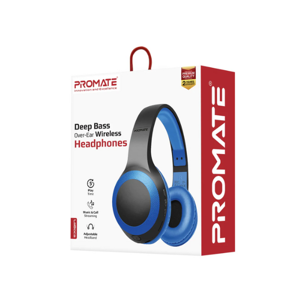 سماعة رأس Promate Deep Bass Over-Ear Wireless، أزرق، ضمان سنة واحدة | LABOCA.BLUE