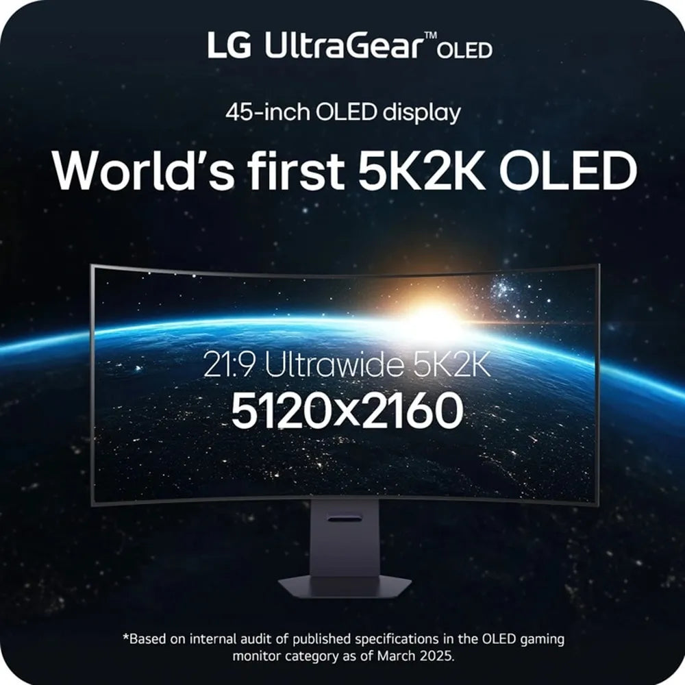 شاشة LG UltraGear OLED منحنية 5K2K، دقة WUHD (5120 × 2160) بحجم 45 بوصة، 165 هرتز، مضادة للتوهج، زمن استجابة 0.03 مللي ثانية (GtG)، HDMI، منفذ عرض، USB-C، حامل قابل للتعديل بالإمالة/الارتفاع/الدوران، أسود، ضمان لمدة سنة واحدة | 45GX950A-BAMA