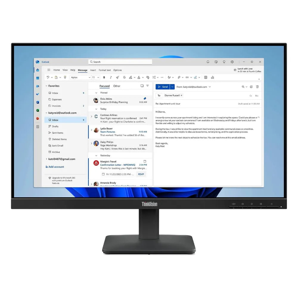 شاشة Lenovo ThinkVision S24-4e، مقاس 24 بوصة بدقة FHD (1920 × 1080)، 100 هرتز، مضادة للتوهج، زمن استجابة 4 مللي ثانية (GTG)، HDMI، VGA، حامل قابل للتعديل بالإمالة، أسود غراب، ضمان 3 سنوات | 64B5KAT1UK