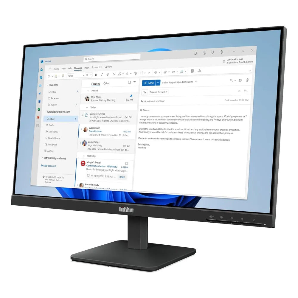 شاشة Lenovo ThinkVision S24-4e، مقاس 24 بوصة بدقة FHD (1920 × 1080)، 100 هرتز، مضادة للتوهج، زمن استجابة 4 مللي ثانية (GTG)، HDMI، VGA، حامل قابل للتعديل بالإمالة، أسود غراب، ضمان 3 سنوات | 64B5KAT1UK