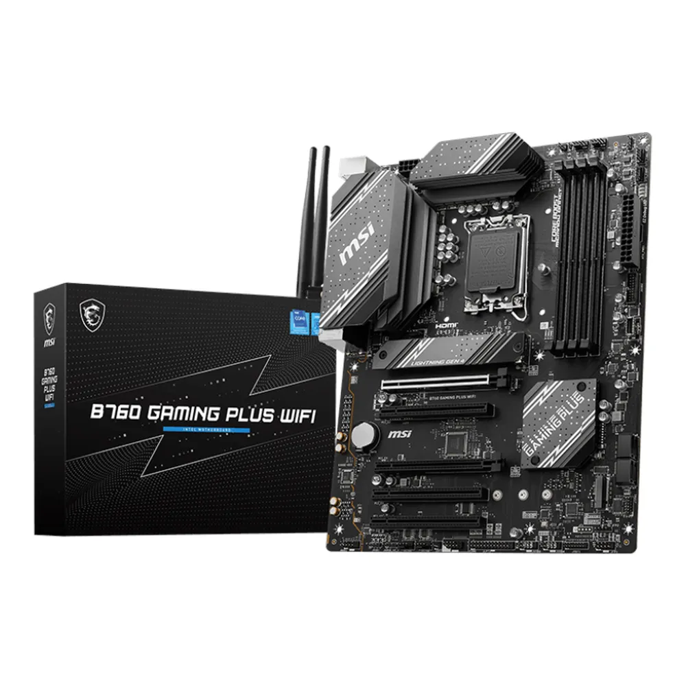 MSI B760 Gaming Plus WIFI Motherboard, LGA1700 Socket, ATX Form Factor, DDR5 Ram, PCIe 5.0, USB 10Gbps, HDMI, DP, Wi-Fi 6E, Bluetooth, Realtek 2.5Gb Ethernet, M.2 Shield Frozr, Heavy Plated VRM Heatsink, 1 Year Warranty | 911-7D98-046-051