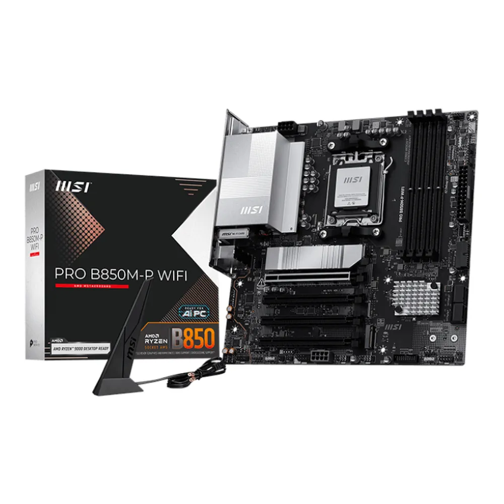 MSI PRO B850M-P WIFI Gaming Motherboard, AM5 Socket, mATX Form Factor, DDR5 Ram, PCIe 5.0, USB 10Gbps, HDMI, DP, Wi-Fi 7, Bluetooth, Realtek 5Gb Ethernet, M.2 Shield Frozr, Chipset Heatsink, 1 Year Warranty | 911-7E71-005