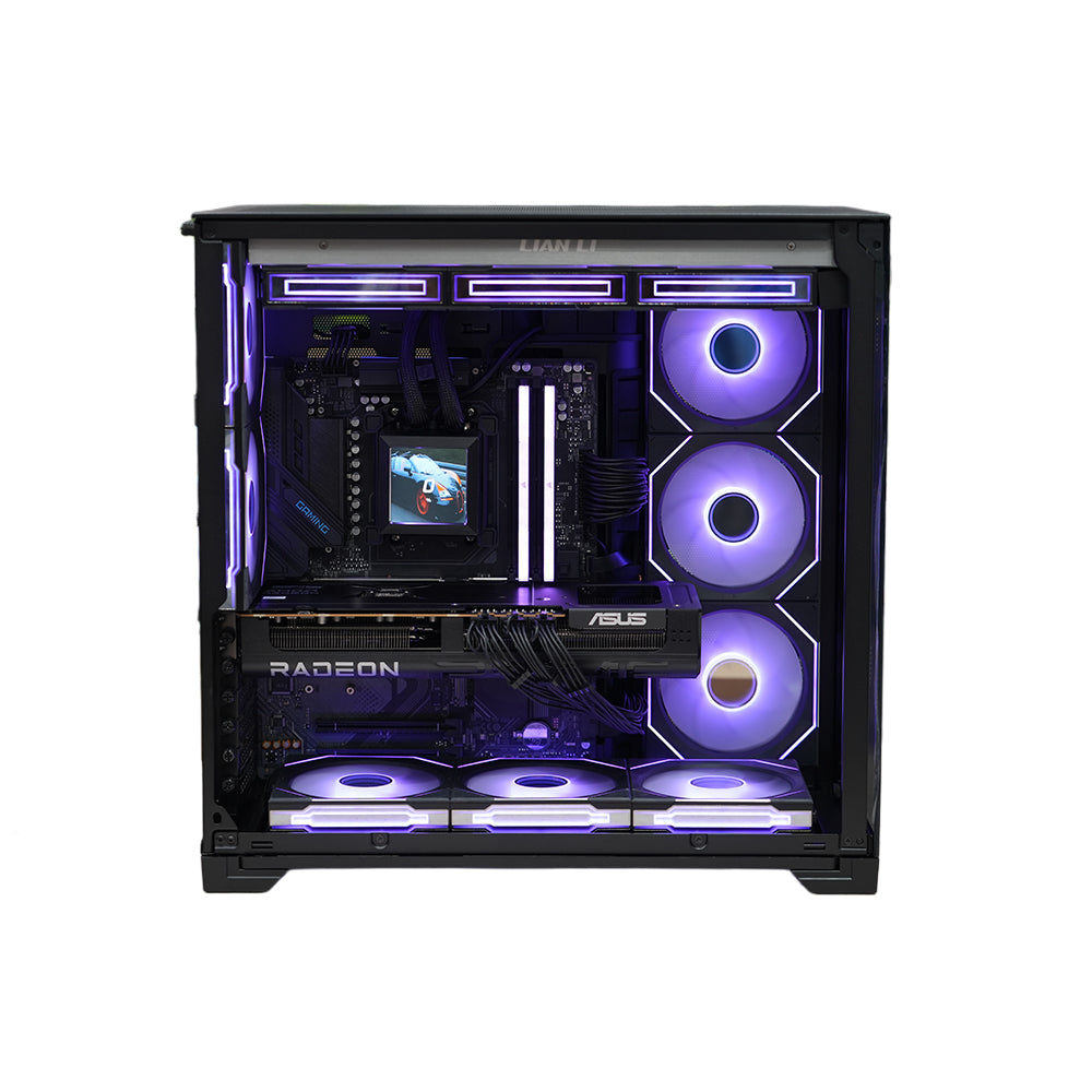 Pre-Built Lian Li O11 Vision Tower Gaming PC، معالج AMD Ryzen 7 9800X3D، ذاكرة 32GB، قرص SSD سعة 4TB، 16GB Asus RX 9070XT Prime OC، Gigabyte X870 Gaming WiFi6 Motherboard، Liquid Cooler، NZXT 1000W مزود طاقة، DOS، ضمان سنة واحدة | Lian-Li-R7-RX9070XT
