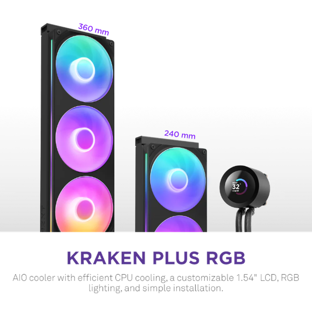 NZXT Kraken Plus 240 RGB AIO Liquid Cooler, 1.54" TFT LCD Display, Supports Intel, AMD Sockets, F240 RGB Fan Core, Black, 1 Year Warranty | RL-KR240-B2