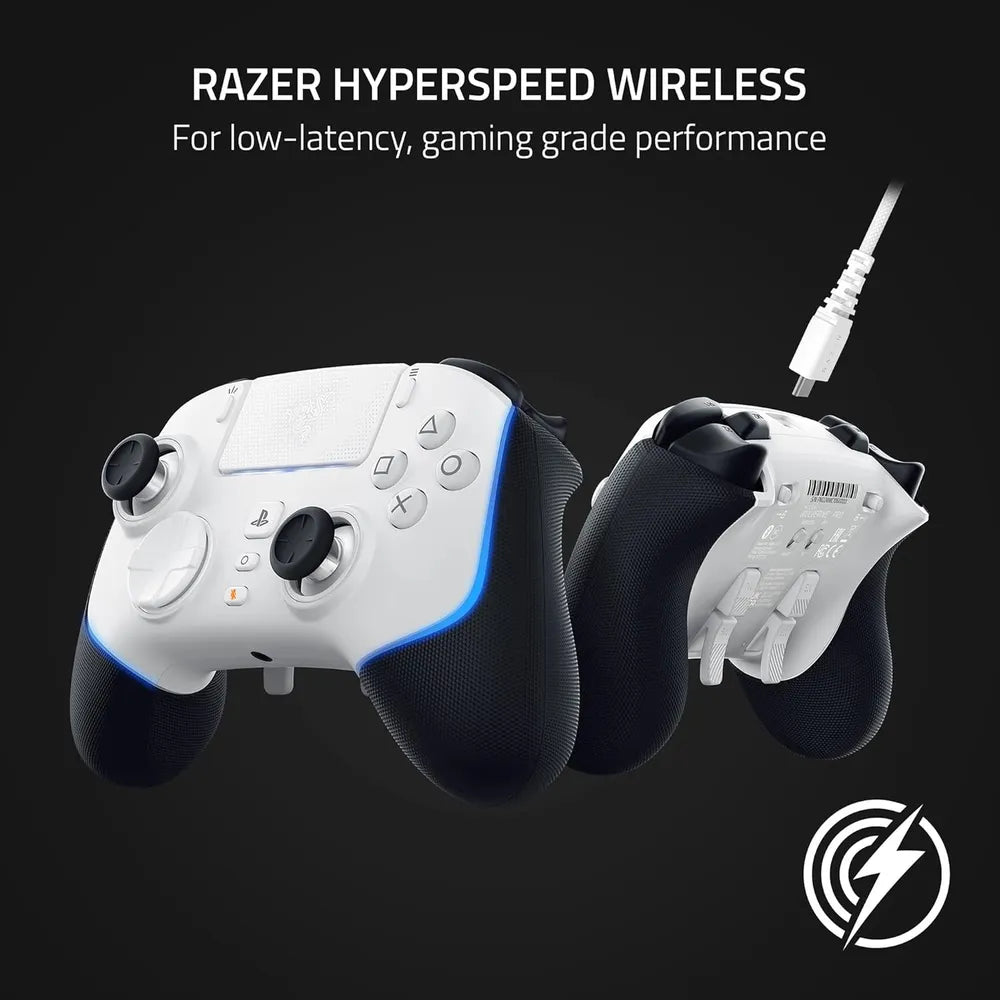وحدة التحكم اللاسلكية للألعاب Razer Wolverine V2 Pro، أزرار ميكانيكية لمسية، لوحة اتجاهات دقيقة بـ 8 اتجاهات، مشغلات HyperTrigger، 6 أزرار قابلة لإعادة التعيين، متوافقة مع بلاي ستيشن 5 والكمبيوتر الشخصي، أبيض، ضمان لمدة سنة | RZ06-04710200-R3G1