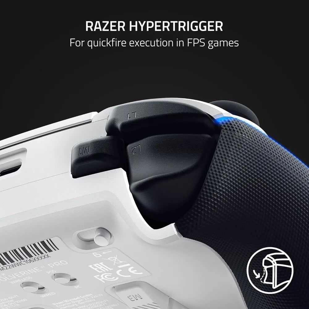 وحدة التحكم اللاسلكية للألعاب Razer Wolverine V2 Pro، أزرار ميكانيكية لمسية، لوحة اتجاهات دقيقة بـ 8 اتجاهات، مشغلات HyperTrigger، 6 أزرار قابلة لإعادة التعيين، متوافقة مع بلاي ستيشن 5 والكمبيوتر الشخصي، أبيض، ضمان لمدة سنة | RZ06-04710200-R3G1