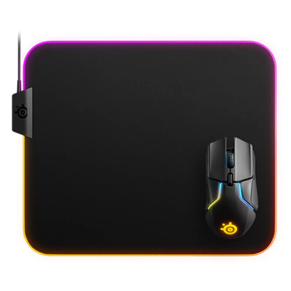 لوحة ماوس الألعاب SteelSeries QCK PRISM، مقاس متوسط، سطح قماشي، قاعدة مطاطية من السيليكون، قماش دقيق النسيج للتحكم الأقصى، إضاءة RGB ديناميكية ثنائية المنطقة، أسود، ضمان لمدة سنة واحدة | 63825