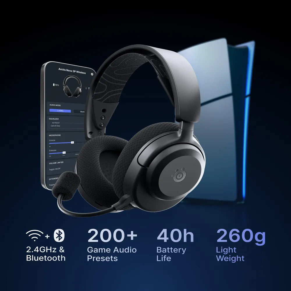 سماعات رأس SteelSeries Arctis Nova 3P Wireless for PlayStation Gaming، 2.4 GHz لاسلكي، بلوتوث، تصميم فوق الأذن، تصميم مغلق، ClearCast Gen 2 مايكروفون، 40 mm Speaker مع Neodymium Magnets، أسود، ضمان سنة واحدة | 61686