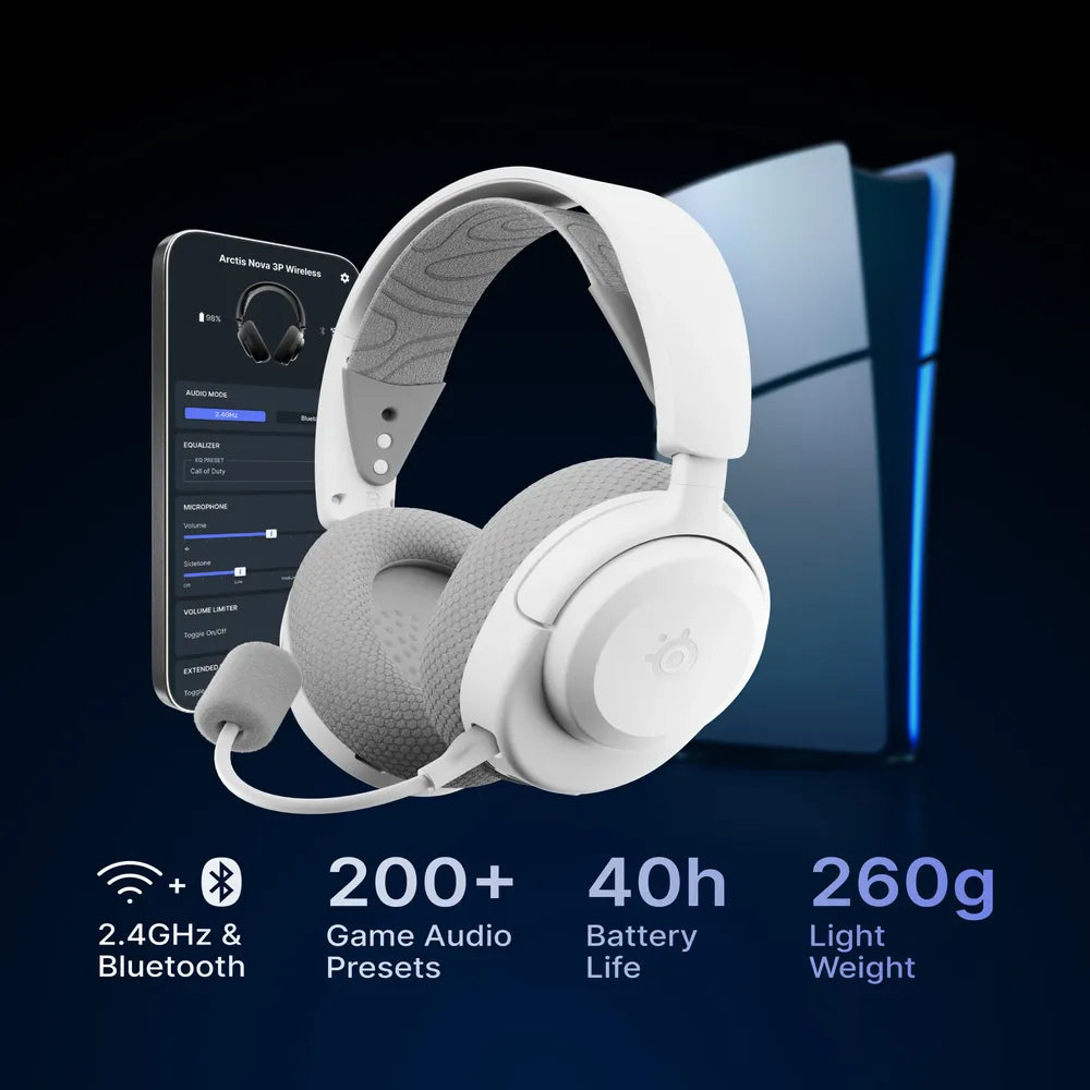 سماعات رأس SteelSeries Arctis Nova 3P Wireless for PlayStation Gaming، 2.4 GHz لاسلكي، بلوتوث، تصميم فوق الأذن، تصميم مغلق، ClearCast Gen 2 مايكروفون، 40 mm Speaker مع Neodymium Magnets، أبيض، ضمان سنة واحدة | 61687