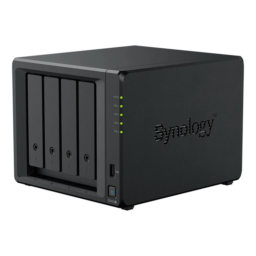 Synology DiskStation DS425+ 4 BAY Tower NAS BOX، معالج Intel Celeron J4125، ذاكرة وصول عشوائي 2 جيجابايت، تخزين عالي السرعة، أقراص قابلة للتبديل السريع، اتصال 2.5 جيجابت إيثرنت، RJ-45، USB-C، ضمان سنة واحدة | DS425-PLUS