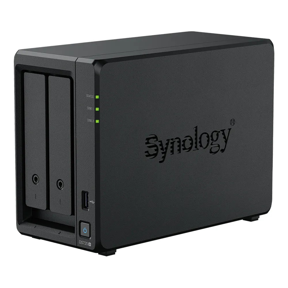 Synology DiskStation DS725+ 2 BAY Tower NAS BOX، معالج AMD Ryzen R1600، ذاكرة وصول عشوائي 4 جيجابايت، تخزين عالي السرعة، محرك أقراص قابل للتبديل السريع، اتصال 2.5 جيجابت إيثرنت، RJ-45، USB-C، ضمان لمدة سنة واحدة | DS725-PLUS