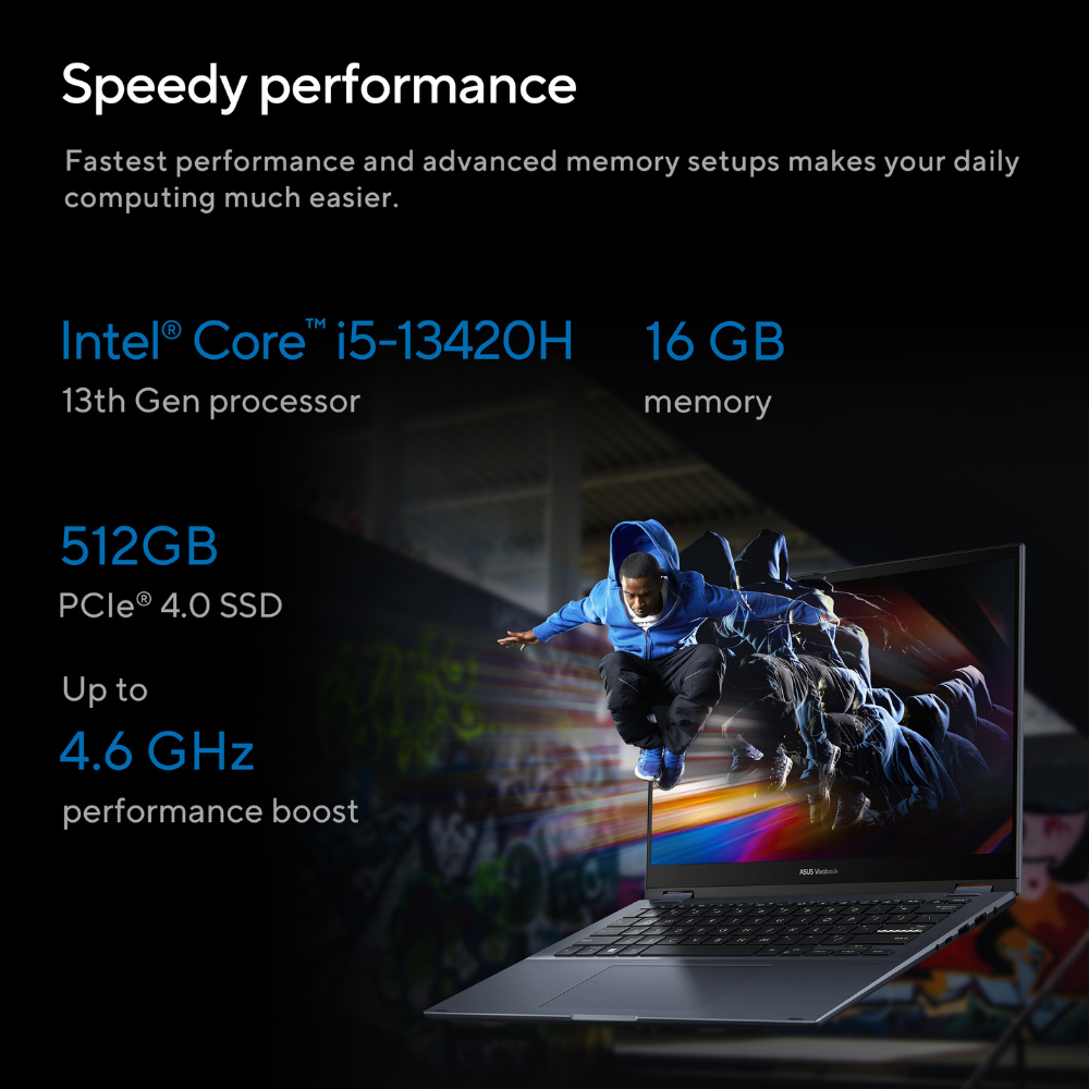 جهاز ASUS Vivobook S14 Flip بمعالج Intel Core i5-13420H وذاكرة وصول عشوائي (RAM) سعة 16 جيجابايت و SSD سعة 512 جيجابايت وشاشة لمس WUXGA مقاس 14 بوصة ونظام تشغيل Windows 11 Home ولوحة مفاتيح عربية وإنجليزية وضمان لمدة سنة | TP3402VA-LZ669W
