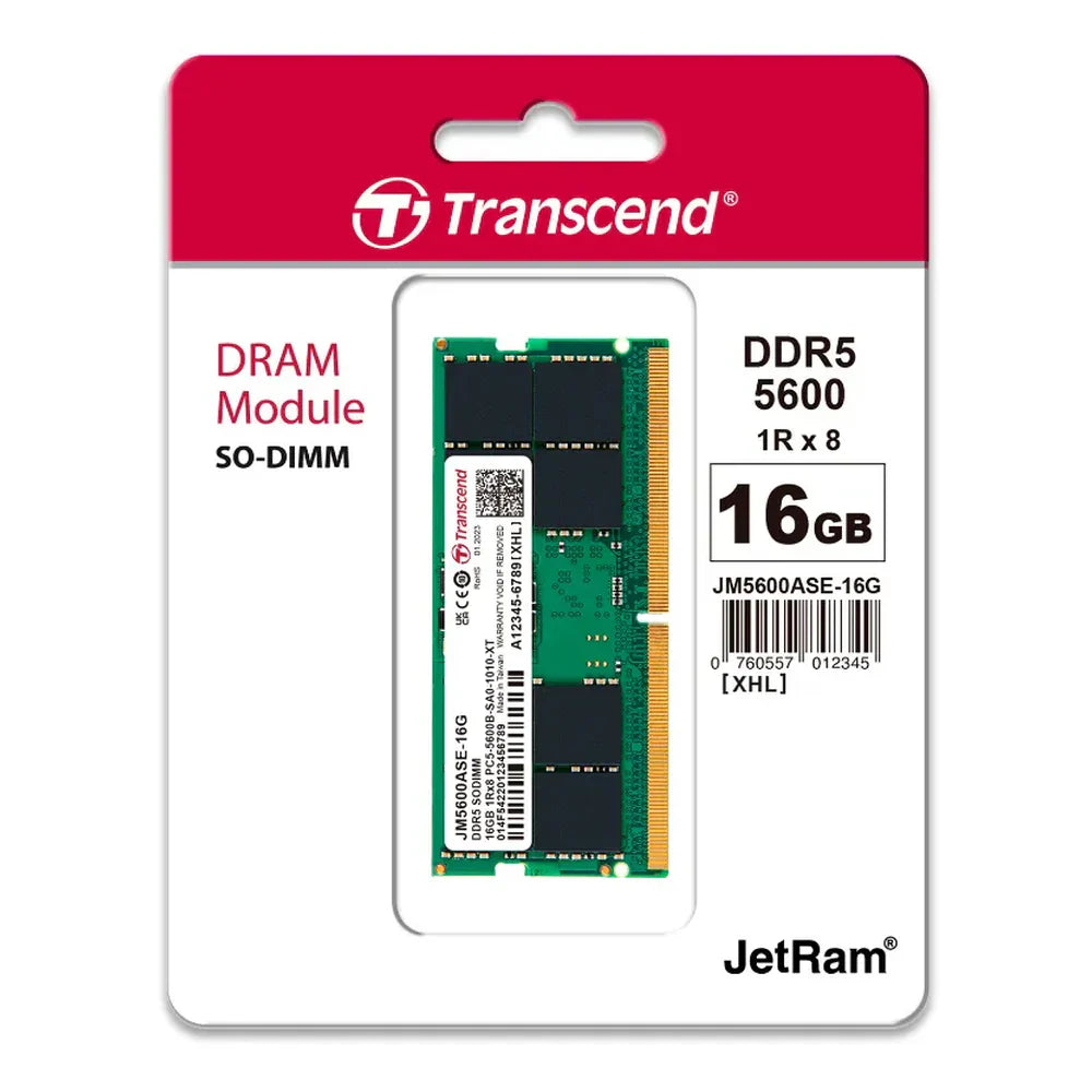 Transcend SO-DIMM Memory Module، 16GB (1x16GB)، DDR5 DRAM، 5600 MT/s، ضمان سنة واحدة | JM5600ASE-16G