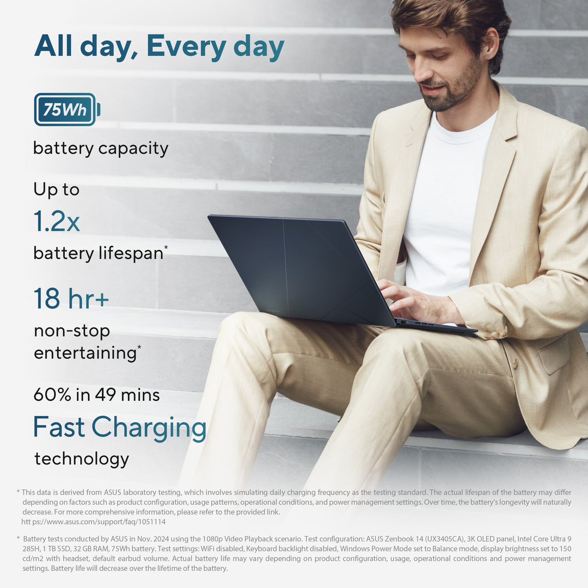 Asus Zenbook 14 Laptop, Intel Core Ultra 7 255H Processor, 16GB RAM, 1TB SSD, Intel Arc Graphics, 14" 3K OLED 120Hz Touch Display, Windows 11 Home, Backlit English & Arabic Keyboard, Ponder Blue, 1 Year Warranty | UX3405CA-SU867W