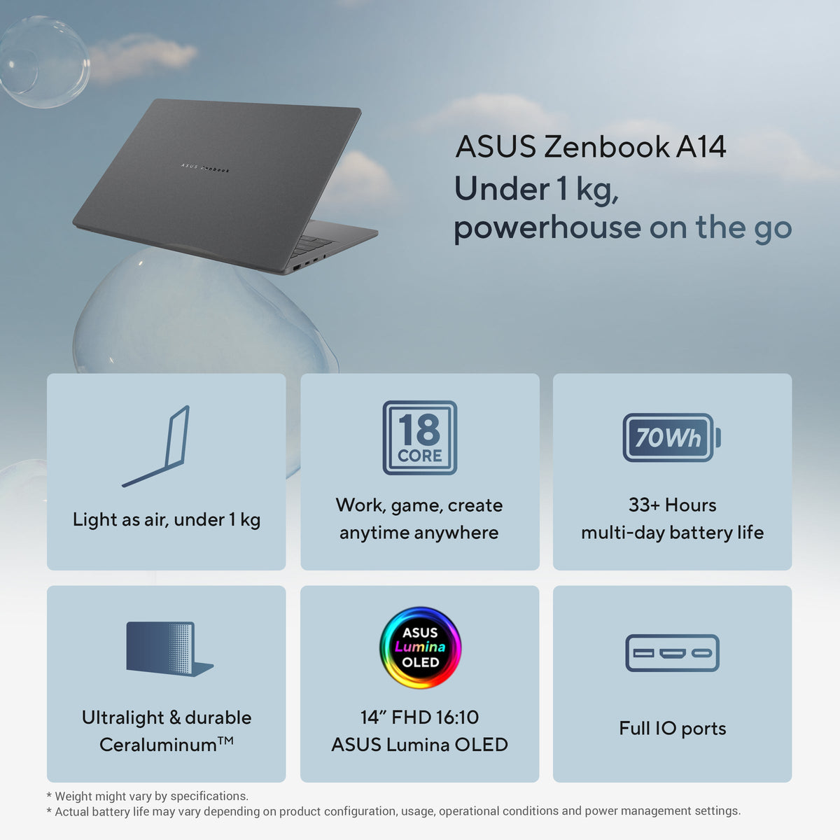 Asus Zenbook A14 UX3407NA Laptop, Snapdragon X2 Elite X2E88100 Processor, 16GB RAM, 1TB SSD, 14.0" WUXGA OLED Display, Windows 11 Home, Backlit English & Arabic Keyboard, 1 Year Warranty | UX3407NA-QD087W