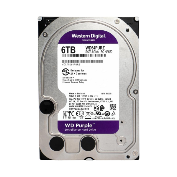 WD Purple Surveillance SATA HDD, 6TB, 175 MB/s Data Transfer Speed, 256MB Cache, Video Surveillance Recording, 1 Year Warranty | WD64PURZ