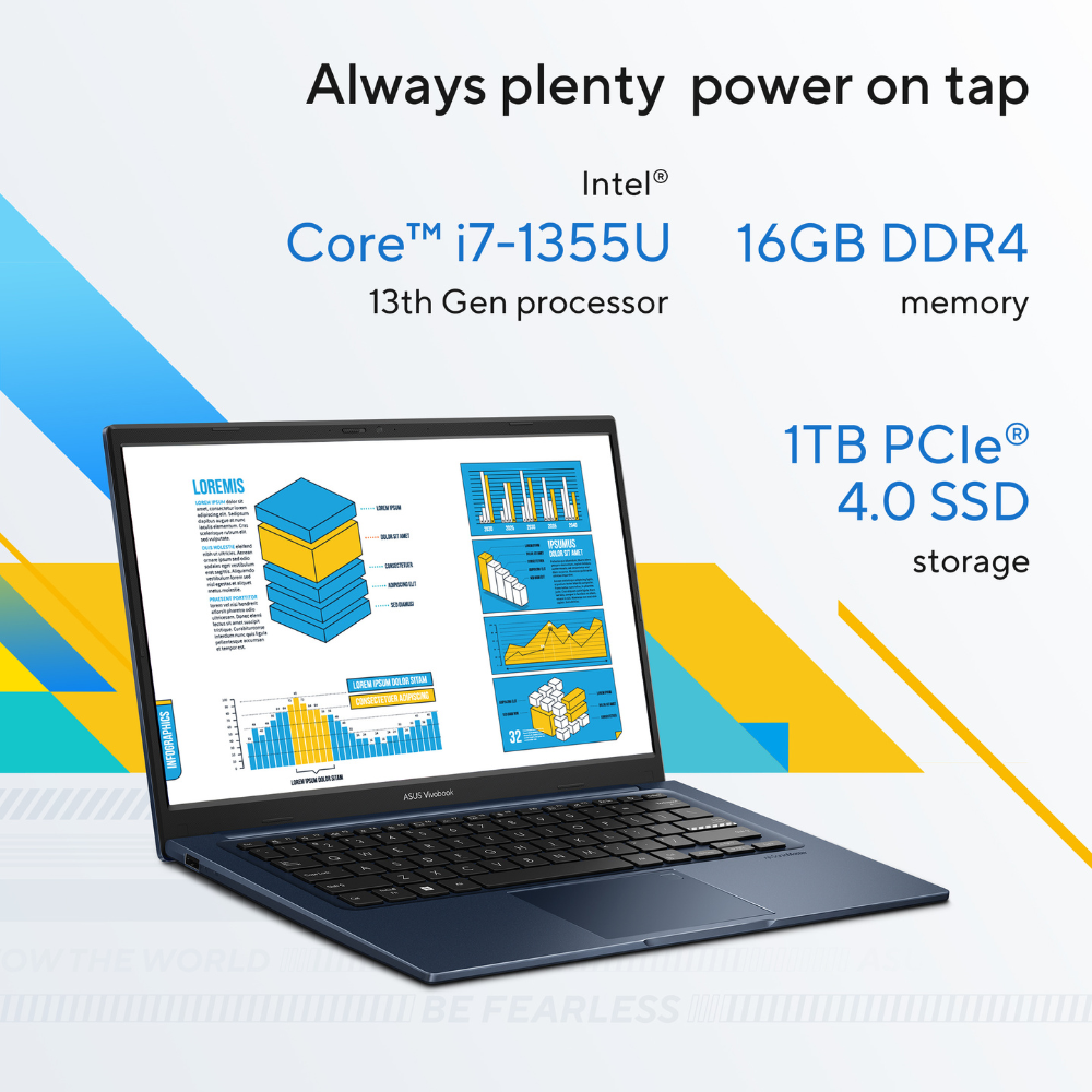 ASUS Vivobook 14 معالج Intel Core i7 1355U، ذاكرة وصول عشوائي (RAM) سعة 16 جيجابايت، قرص صلب (SSD) سعة 1 تيرابايت، شاشة FHD مقاس 14 بوصة، ويندوز 11 هوم، لوحة مفاتيح إنجليزية وعربية، أزرق هادئ، ضمان سنة واحدة | X1404VA-EB711W