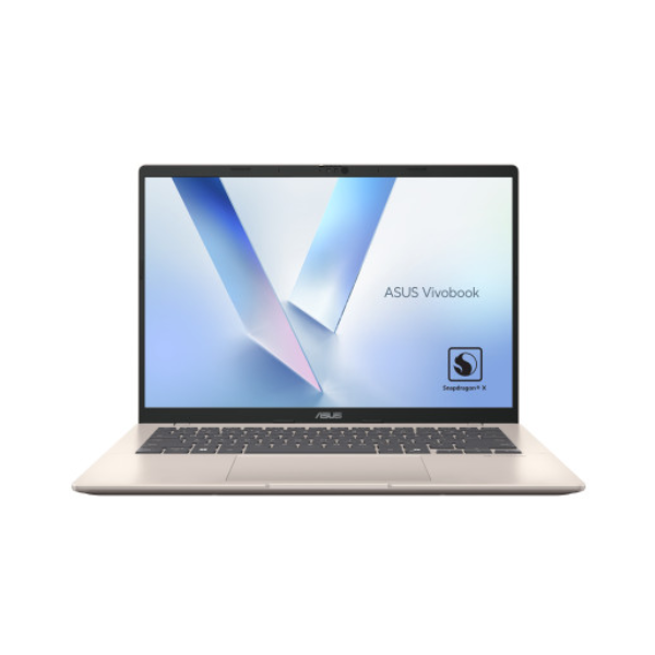 جهاز ASUS Vivobook 14 Snapdragon X X1 26 100، ذاكرة وصول عشوائي (RAM) سعة 16 جيجابايت، قرص صلب ذو حالة صلبة (SSD) سعة 1 تيرابايت، شاشة WUXGA مقاس 14 بوصة، ويندوز 11 هوم، لوحة مفاتيح إنجليزية وعربية، ذهبي بلاتيني، ضمان سنة واحدة | X1407QA-LY046W