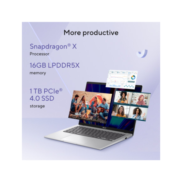 جهاز ASUS Vivobook 14 Snapdragon X X1 26 100، ذاكرة وصول عشوائي (RAM) سعة 16 جيجابايت، قرص صلب ذو حالة صلبة (SSD) سعة 1 تيرابايت، شاشة WUXGA مقاس 14 بوصة، ويندوز 11 هوم، لوحة مفاتيح إنجليزية وعربية، ذهبي بلاتيني، ضمان سنة واحدة | X1407QA-LY046W