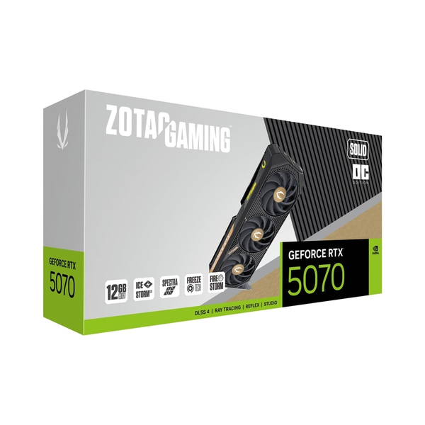Zotac Gaming GeForce RTX 5070 SOLID OC Edition Graphics Card, GDDR7 12 GB 192-bit Memory, HDMI 2.1b & DP 2.1b Outputs, PCI Express 5.0, 2542 MHz Boost Clock, 28 GBps Memory Clock, 1 Year Warranty | ZT-B50700J-10P
