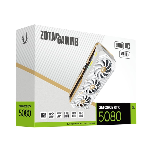 Zotac Gaming GeForce RTX 5080 SOLID OC Edition Graphics Card, GDDR7 16 GB 256-bit Memory, HDMI 2.1b & DP 2.1b Outputs, PCI Express 5.0, 2640 MHz Boost Clock, 30 GBps Memory Clock, White, 1 Year Warranty | ZT-B50800Q-10P
