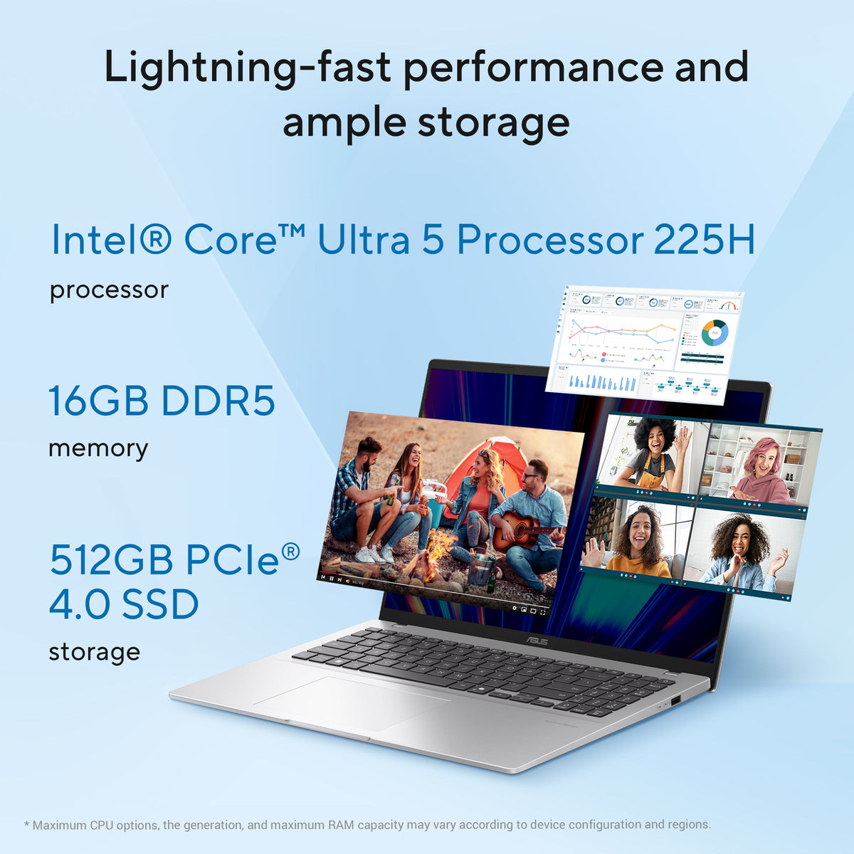 Asus Vivobook 16 Laptop, Intel Core Ultra 5 225H Processor, 16GB RAM, 512GB SSD, 16" WUXGA Display, Windows 11 Home, Cool Silver, Backlit English & Arabic Keyboard, 1 Year Warranty | X1607CA-MB174W
