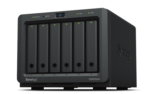 صندوق NAS Synology DiskStation DS620slim سداسي الفتحات، معالج Intel Celeron J3355، ذاكرة وصول عشوائي (RAM) 2 جيجابايت، 119.1 وحدة حرارية بريطانية/ساعة، محرك أقراص قابل للتبديل السريع، RJ-45، USB 3.2، ضمان لمدة سنة واحدة | DS620slim