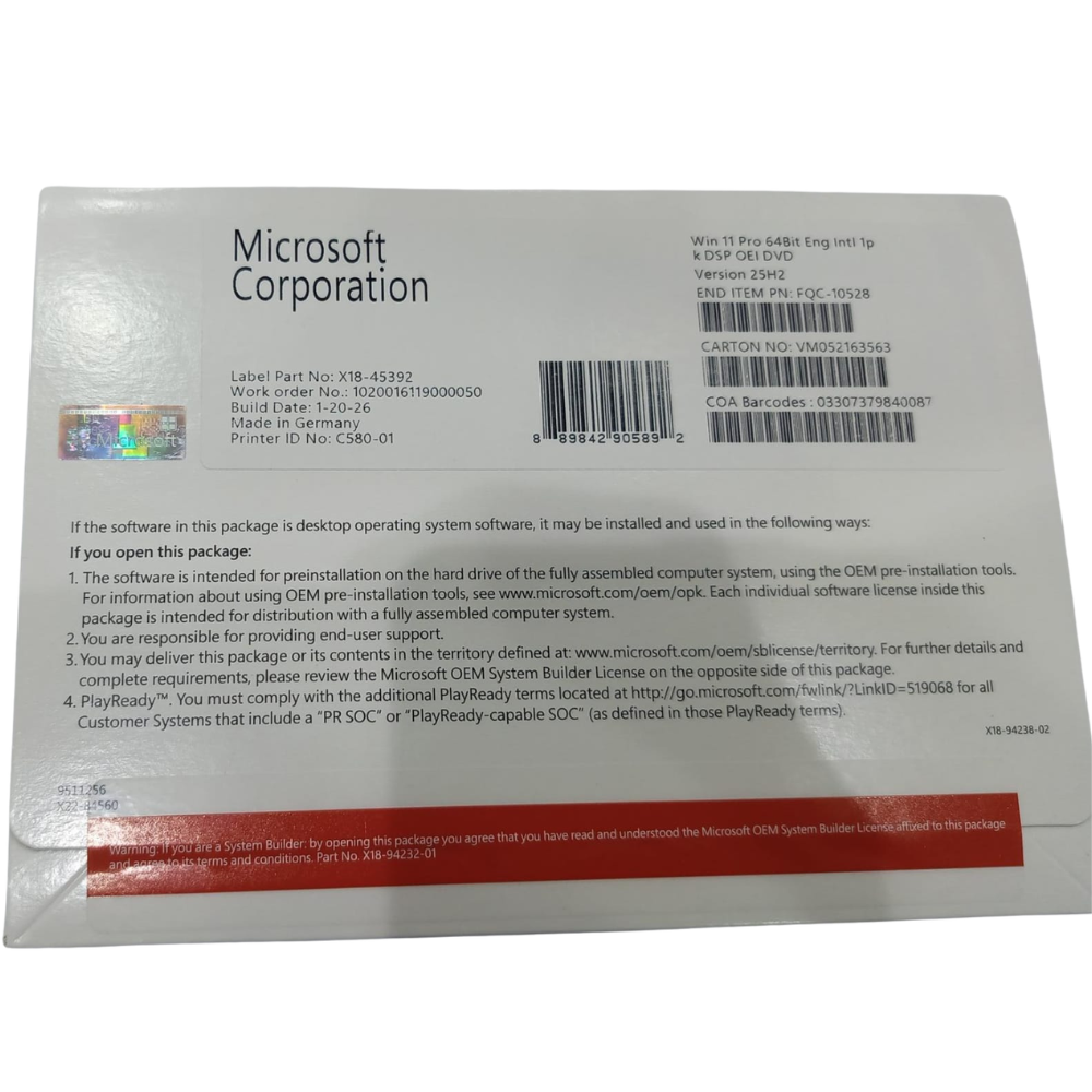 ترخيص Microsoft Windows 11 Pro 64 بت، جهاز واحد، معالج 1 جيجاهرتز، ذاكرة وصول عشوائي 4 جيجابايت، سعة تخزين 64 جيجابايت، قرص DVD، يتطلب TPM | FQC-10528
