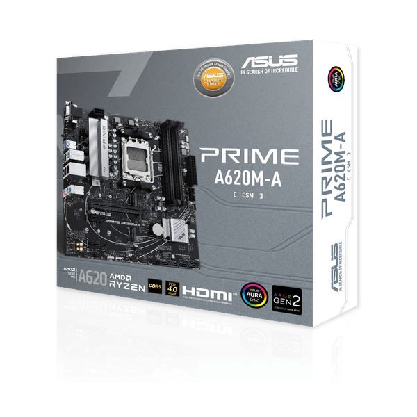 Asus PRIME A620M-A-CSM Motherboard, AM5 Socket, micro-ATX Form Factor, DDR5 Ram, PCIe 4.0, USB 5 GBps, HDMI, DisplayPort, VGA, Realtek 1 GB Ethernet, Asus 5X Protection III, 1 Year Warranty | 90MB1F10-M0EAYC