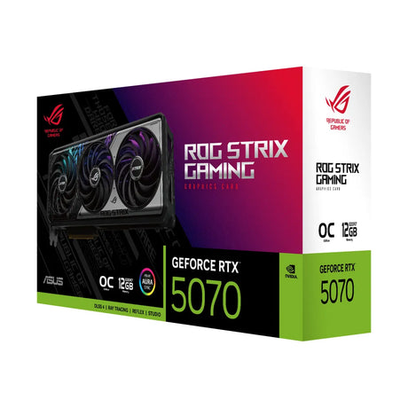 بطاقة رسوميات للألعاب Asus ROG STRIX AR GB GeForce RTX 5070 OC، ذاكرة GDDR7 سعة 12 جيجابايت 192-بت، منافذ HDMI 2.1b و DP 2.1b، واجهة PCI Express 5.0، سرعة معالج 2685 ميجاهرتز، سرعة ذاكرة 28 جيجابت في الثانية، ضمان سنة واحدة | 90YV0M80-M0NA00