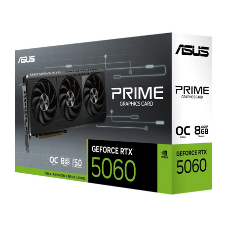 بطاقة رسومات Asus PRIME GeForce RTX 5060 OC Edition، ذاكرة GDDR7 بسعة 8 جيجابايت وواجهة 128 بت، ومخارج HDMI 2.1b و DP 2.1b، وواجهة PCI Express 5.0، وسرعة معالج 2595 ميجاهرتز، وسرعة ذاكرة 28 جيجابايت/ثانية، ضمان لمدة سنة | 90YV0N10-M0NA00