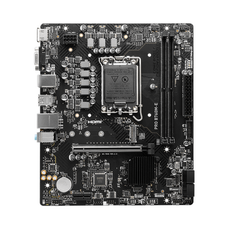 Msi PRO B760M-E Motherboard, LGA 1700 Socket, mATX Form Factor, DDR5 Ram, PCIe 4.0, USB 5 GBps, HDMI 1.4, VGA, Realtek RTL8111H Gigabit LAN, PCI-E Steel Armor, 1 Year Warranty | 911-7D48-065