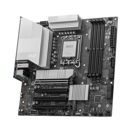 Msi PRO B860M-A WiFi Motherboard, LGA 1851 Socket, mATX Form Factor, DDR5 Ram, PCIe 5.0 With EZ PCIe Clip II, Intel Wi-Fi 7, Bluetooth 5.4, USB 40 GBps, HDMI 2.1, DisplayPort 1.4, Thunderbolt4 (Type-C), Realtek 8126 5G LAN, EZ M.2 Shield Frozr II, 1 Year