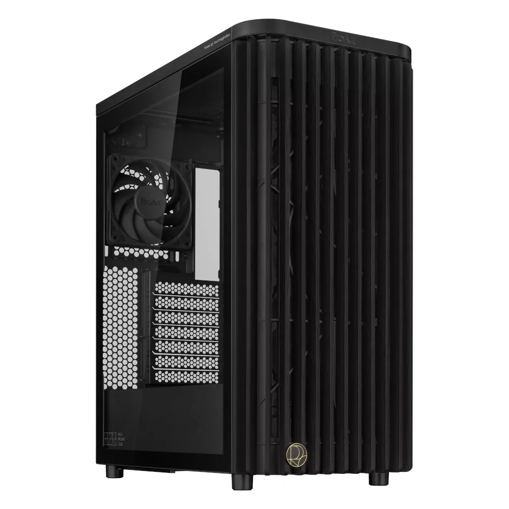 علبة كمبيوتر مكتبي تاور Asus ProArt PA401 Wood Edition ATX، خشب الدردار ولوح زجاجي مقوى، فلاتر غبار قابلة للإزالة، دعم بطاقة رسوميات 315 مم، USB 3.2 Gen 2، أسود، ضمان سنة واحدة | 90DC00M0-B39000