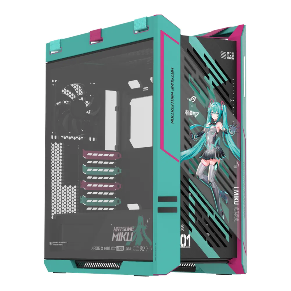 علبة كمبيوتر برج Asus ROG Strix Helios II Hatsune Miku Edition، فلاتر غبار قابلة للإزالة، 4 مراوح مُثبتة مسبقًا، دعم لوحدات معالجة الرسومات حتى 190 ملم، لوحة إدخال/إخراج متطورة، USB 3.2 Gen 2، أسود/توقيع هاتسون ميكو، ضمان لمدة سنة | 90DC00W0-B39010