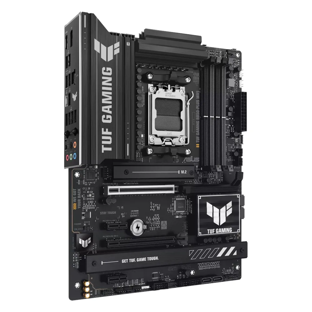 لوحة أم Asus TUF Gaming B850-PLUS WIFI، مقبس AM5، عامل الشكل ATX، ذاكرة DDR5، منفذ PCIe 5.0، منفذ USB 20Gbps، منفذ HDMI، منفذ DP، واي فاي 7، بلوتوث، منفذ إيثرنت Realtek 2.5Gb، درع I/O مُثبّت مسبقًا، Aura Sync، ضمان لمدة سنة | 90MB1J30-M0EAY0
