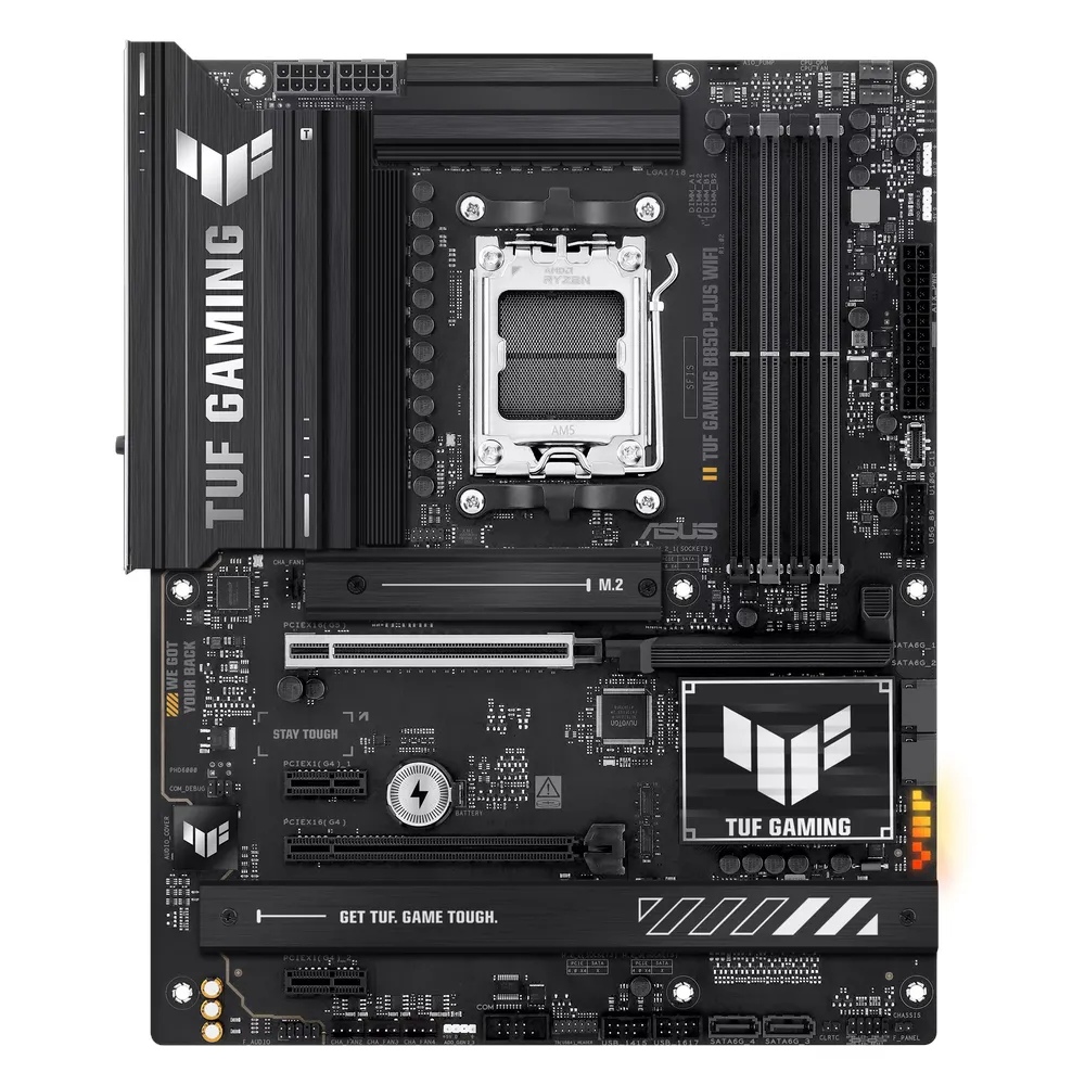 لوحة أم Asus TUF Gaming B850-PLUS WIFI، مقبس AM5، عامل الشكل ATX، ذاكرة DDR5، منفذ PCIe 5.0، منفذ USB 20Gbps، منفذ HDMI، منفذ DP، واي فاي 7، بلوتوث، منفذ إيثرنت Realtek 2.5Gb، درع I/O مُثبّت مسبقًا، Aura Sync، ضمان لمدة سنة | 90MB1J30-M0EAY0