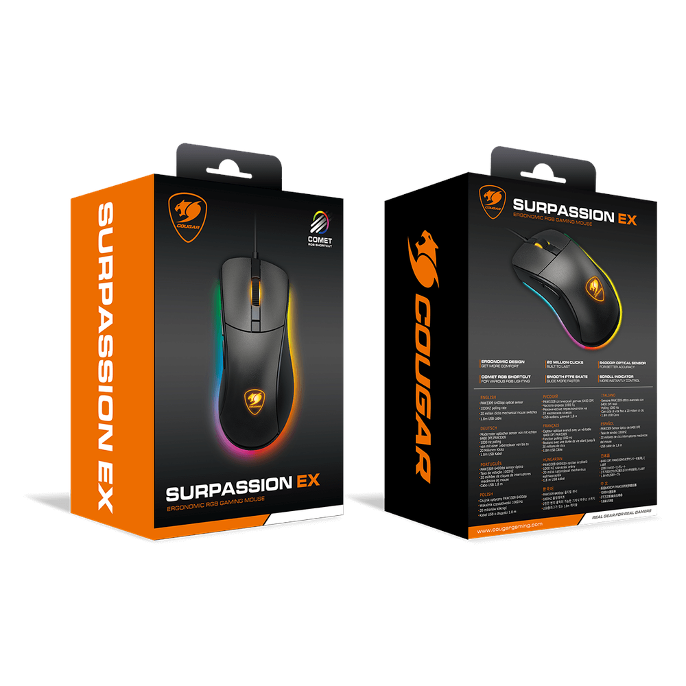 ماوس الألعاب السلكي الضوئي Cougar Surpassion RGB، مستشعر ألعاب بصري PAW3309 بدقة 6400 نقطة لكل بوصة، معدل اقتراع 1000 هرتز، مفتاح ألعاب 20 مليون نقرة، 6 أزرار قابلة للبرمجة، تصميم مريح لليد اليمنى، أسود، ضمان لمدة عام | CGR-WOMB-SUR