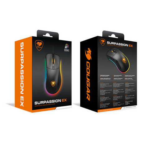 ماوس الألعاب السلكي الضوئي Cougar Surpassion RGB، مستشعر ألعاب بصري PAW3309 بدقة 6400 نقطة لكل بوصة، معدل اقتراع 1000 هرتز، مفتاح ألعاب 20 مليون نقرة، 6 أزرار قابلة للبرمجة، تصميم مريح لليد اليمنى، أسود، ضمان لمدة عام | CGR-WOMB-SUR