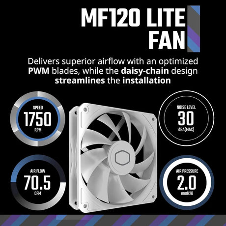 مبرد معالج Cooler Master MasterLiquid Core II Series ARGB، راديتر 240mm، يدعم معالجات Intel، مقابس AMD، مراوح Rifle Bearing، أبيض، ضمان سنة واحدة | MLW-D24M-A18PA-RW