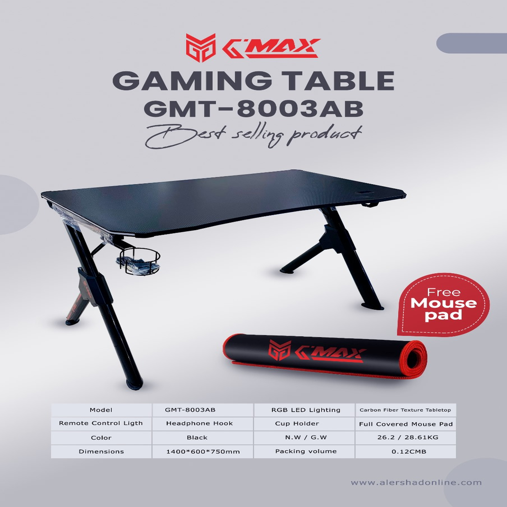 طاولة ألعاب جيم ماكس GMT-8003AB، سطح طاولة من نسيج ألياف الكربون، إضاءة LED RGB، خطاف سماعة رأس، حامل أكواب، لوحة ماوس مغطاة بالكامل متضمنة، أسود، ضمان لمدة سنة | GM-GMT-8003AB-BLK