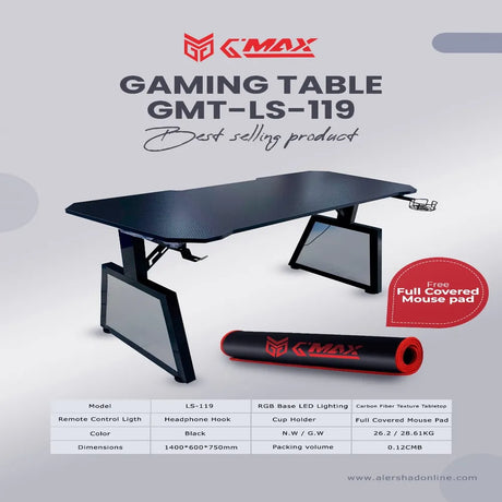 طاولة ألعاب G-MAX GMT-LS119B سوداء - 1400*600 مم مع إضاءة LED سفلية