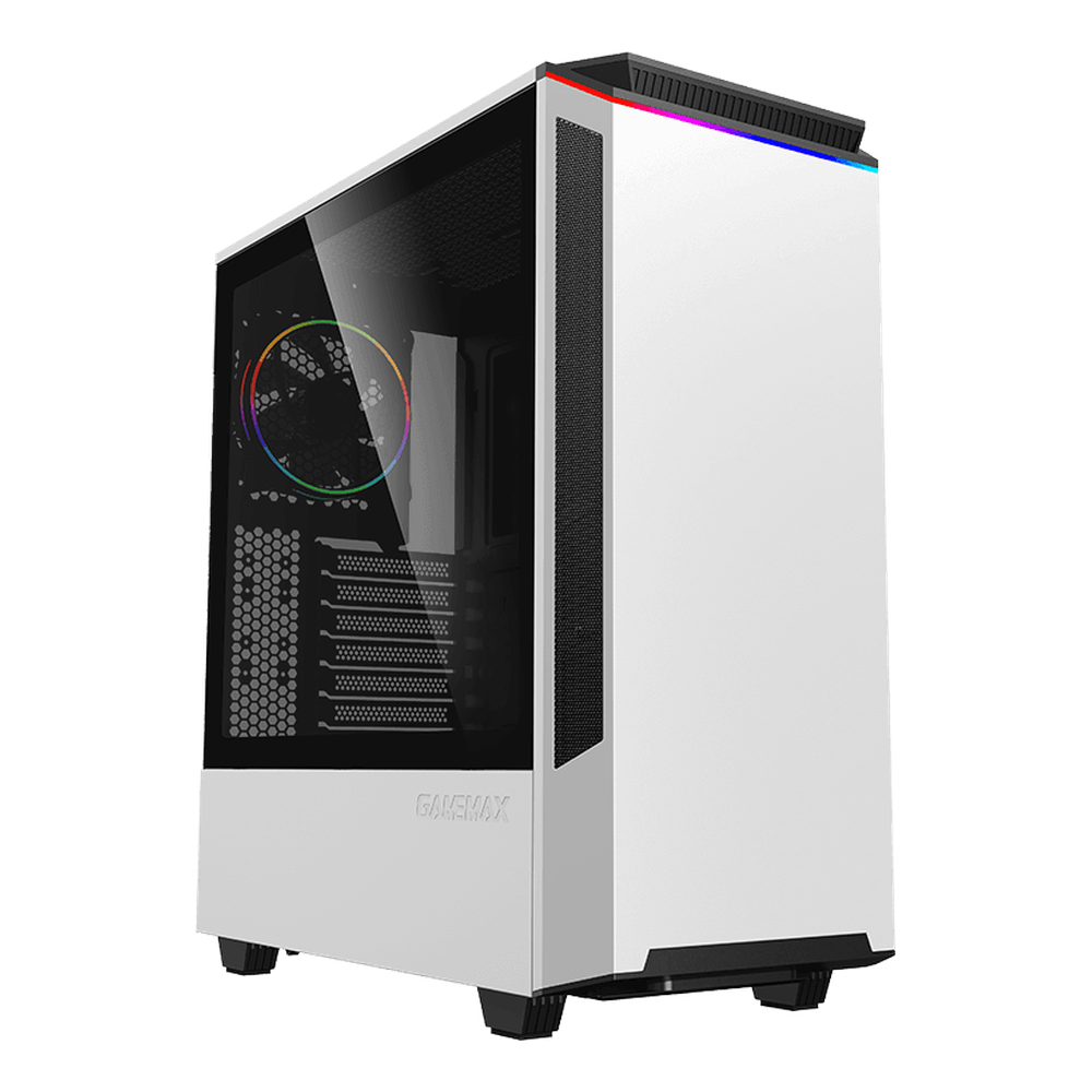 صندوق كمبيوتر Gamemax Paladin T801 AR GB ATX، لوحة جانبية من الزجاج المقوى، مروحة AR GB Rainbow مقاس 12 سم، يدعم بطاقات الرسوميات حتى 360 مم، USB 3.1 Gen 1، أبيض، ضمان سنة واحدة | GM-T801-PAL-WH