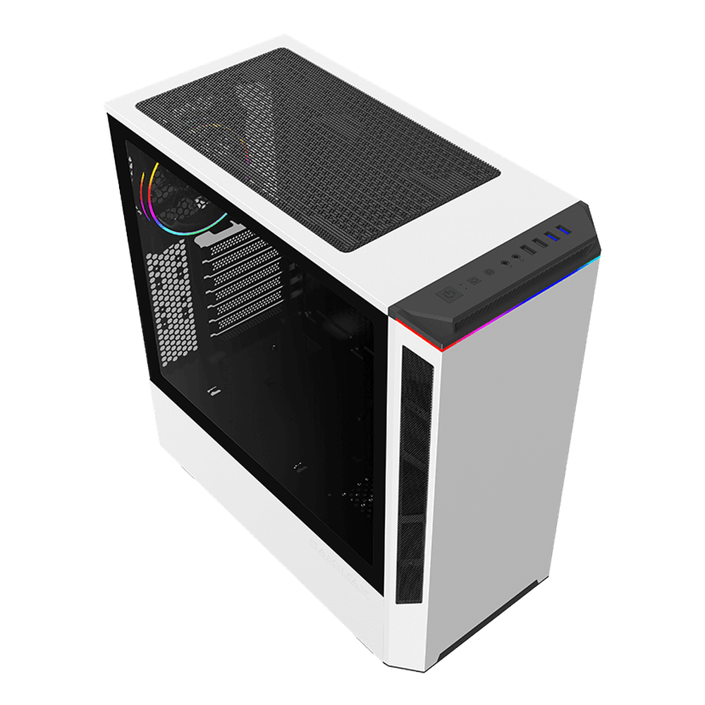 صندوق كمبيوتر Gamemax Paladin T801 AR GB ATX، لوحة جانبية من الزجاج المقوى، مروحة AR GB Rainbow مقاس 12 سم، يدعم بطاقات الرسوميات حتى 360 مم، USB 3.1 Gen 1، أبيض، ضمان سنة واحدة | GM-T801-PAL-WH