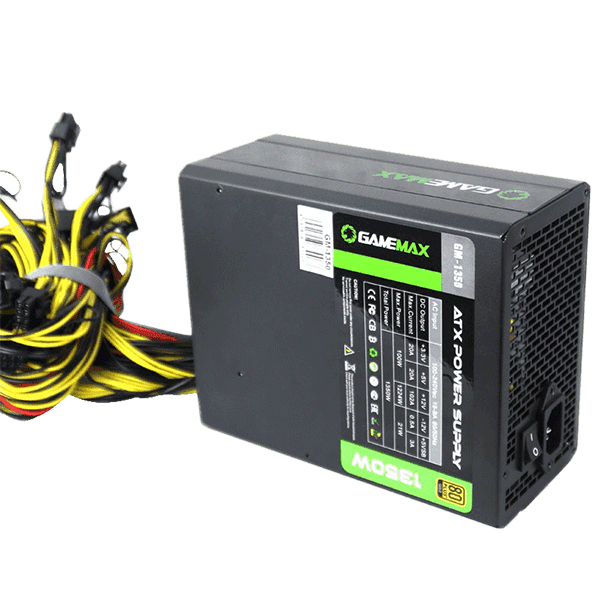GameMax GM1350 Mining 80 Plus Gold Power Supply, 1350W, ATX, 140mm Fan, Double Forward Technology, Black, 1 Year Warranty | GM-GM1350-MINING