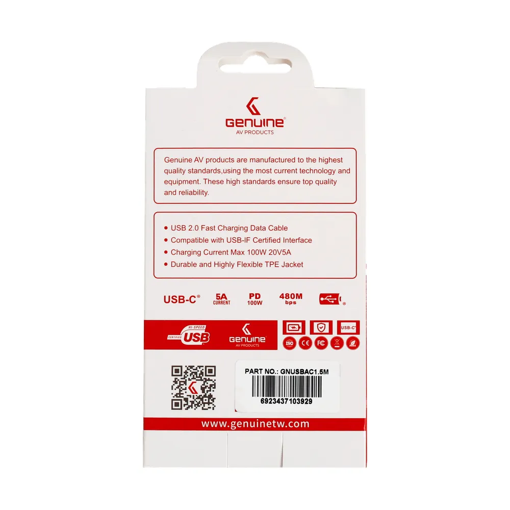 Genuine USB 2.0 - A to C Cable, Cable Length 1.5M, 100W, Blue, 1 Year Warranty | GN-USBAC1.5M-BL