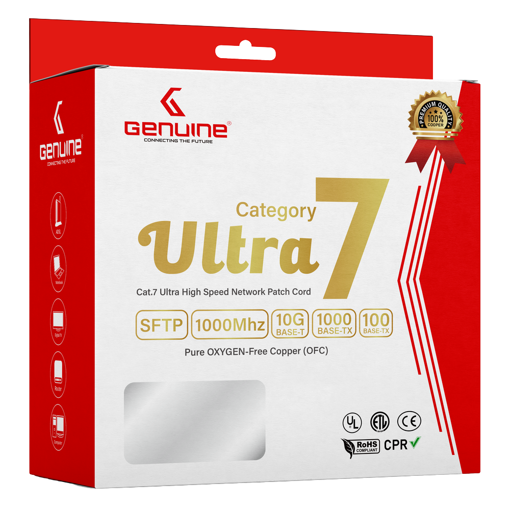 Genuine CAT7 S/FTP Cable, 3M Length, 23AWG Bare Copper, PVC Jacket, Gray, Box Pack, 1 Year Warranty | GNPC-C7SFTPGRY-3