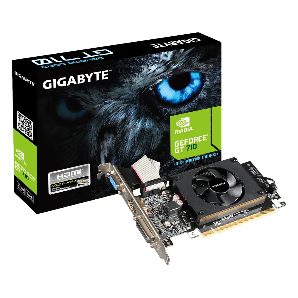 بطاقة رسومات جيجابايت جي فورس GT 710، ذاكرة DDR3 سعة 2 جيجابايت 64 بت، مخرجات HDMI 2.1b، DVI، D-Sub، واجهة PCI Express 2.0، سرعة تعزيز تصل إلى 954 ميجاهرتز، سرعة الذاكرة 1600 ميجاهرتز، ضمان لمدة سنة واحدة | GV-N710D3-2GL