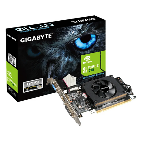 Gigabyte GeForce GT 710 Graphics Card, DDR3 2GB 64-bit Memory, HDMI 2.1b, DVI, D-Sub Outputs, PCI Express 2.0, 954 MHz Boost Clock, 1600 MHz Memory Clock, 1 Year Warranty | GV-N710D3-2GL